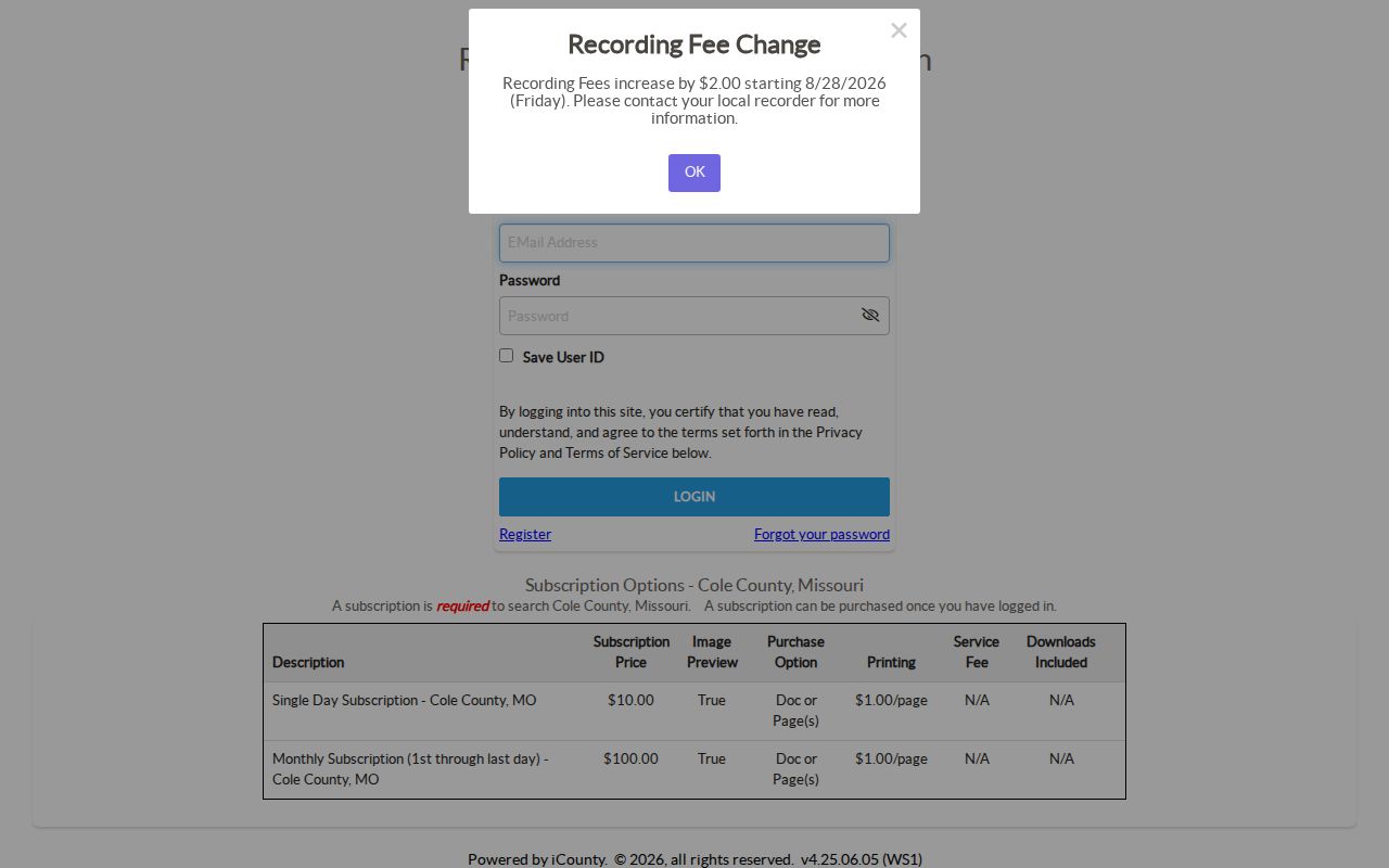 Jefferson City previous residents search through the Cole iCounty Recorder landing page