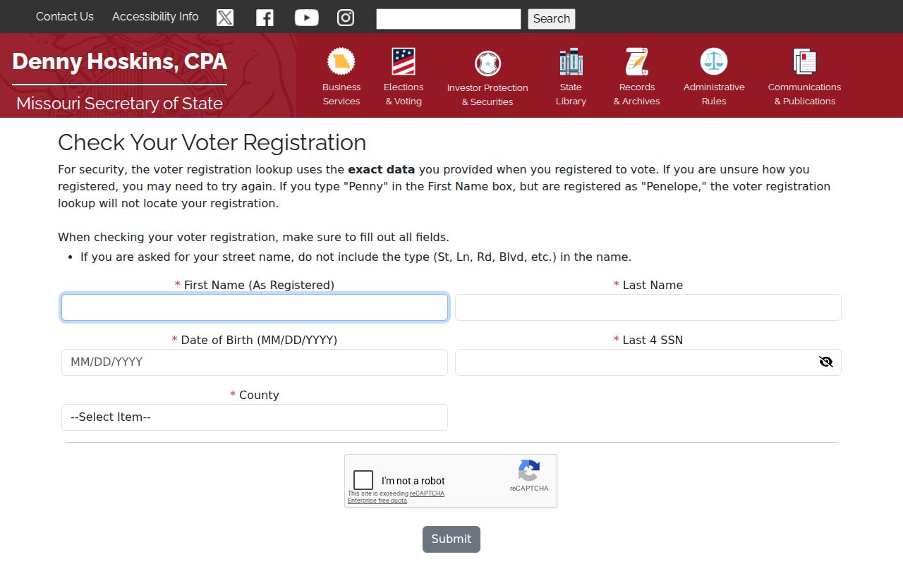 Jefferson City residents directory Missouri voter lookup form